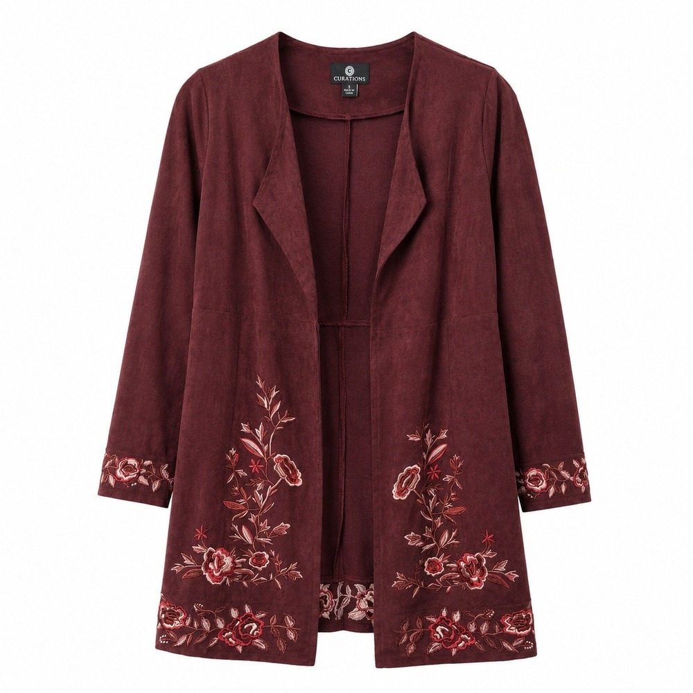 Curations Faux Suede Jacket Womens S Burgundy Floral Embroidered Open Front Boho